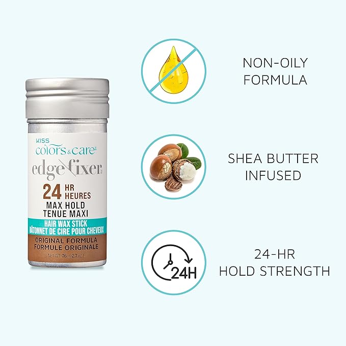 KISS COLORS & CARE Hair Wax Stick, 2.47 OZ (Sweet Peach) - Effortless Edge Styling, 24 Hour Hold, Non-Oily, Flake-Free, Biotin B7 & Shea Butter, Sleek Results, Tames Flyaways, Promotes Hair Growth