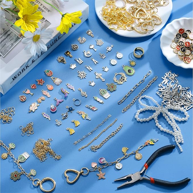 DRHWEFSQ 325Pcs Lip Gloss Keychain Making Kit, DIY Jewelry Supplies with 118 Charms, 25 Extender Chains, 30 Clips, 150 Jump Rings & Plier for Custom Keychains, Bags, Handmade Gifts
