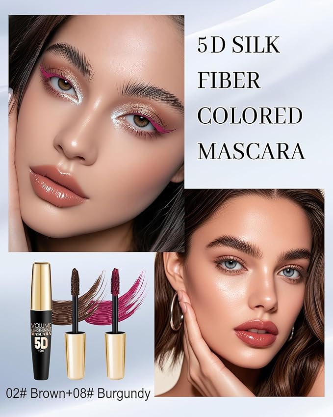 Burgundy Brown Mascara Waterproof, Volume and Length Volumizing Colored Mascara for Eyelashes, Long Lasting Smudge-proof Lengthening Curling Define Eye Lash Tube Máscara with Fiber for Women