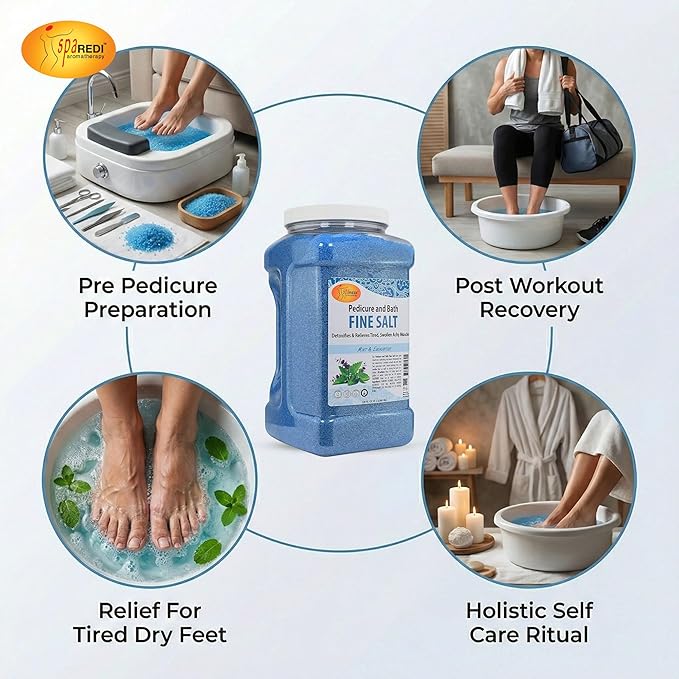 SPA REDI - Detox Foot Soak Pedicure and Bath Fine Salt, Mint and Eucalyptus, 128 Oz - Made with Dead Sea Salts, Argan Oil, Coconut Oil, and Essential Oil - Hydrates, Softens and Moisturizes