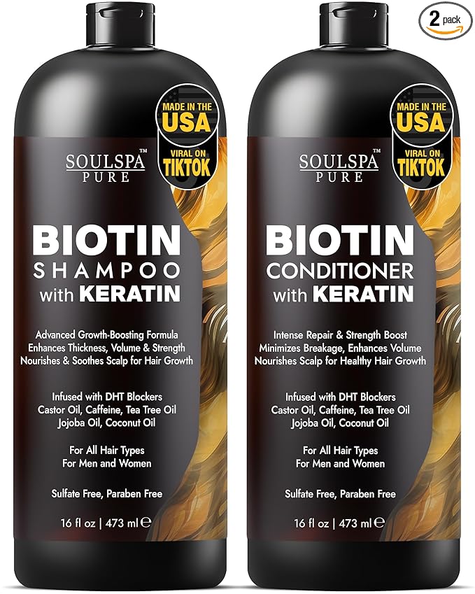 Biotin Shampoo and Conditioner Set with Keratin - Sulfate-Free Advanced Anti-Thinning, Hair Growth Shampoo and Conditioner Combo Repair Formula - with DHT Blockers, for Men & Women - 16 fl oz each