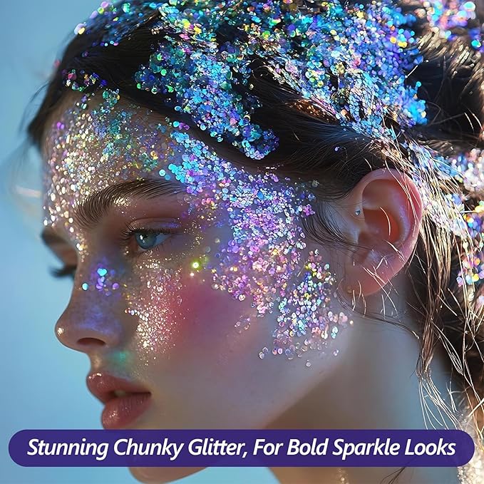 Dmsky Biodegradable Chunky Glitter,90g/3.18oz Craft Glitter for Crafts,Resin,Body,Nail,Face,Hair,DIY Decorations,3 Colors Holographic Glitter,Silver Glitter,White Clear Glitter,Black Glitter