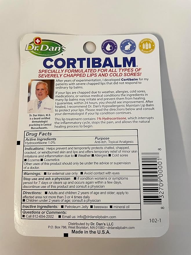 Dr. Dan’s Cortibalm - Medicated Lip Balm with Hydrocortisone – Healing Treatment & Lip Moisturizer for Severely Chapped, Very Dry Cracked Lips – 1 Pack