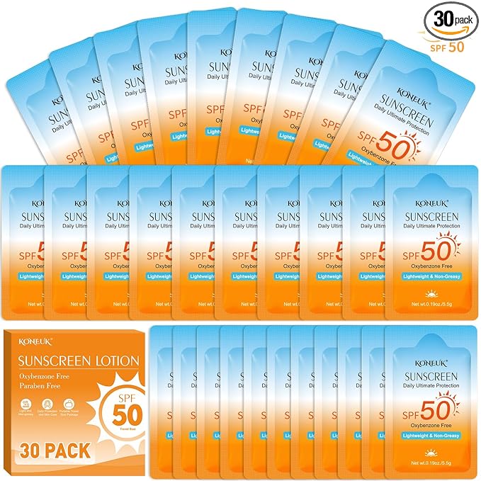 30 Pack Travel Size Sunscreen, SPF 50, Bulk Mini Sunscreen for Face and Body, Lightweight and Non-Greasy, Travel Size for Summer Beach and Outdoor, 0.19 OZ/Pack