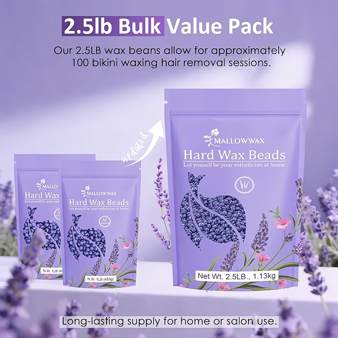 Mallowwax Hard Wax Beads 2.5lb for Hair Removal – Low-Temp Waxing Beads for Brazilian, Bikini, Face & Body – Full-Body Hard Wax for Coarse or Fine Hair, Gentle for Sensitive Skin, Home or Salon Use