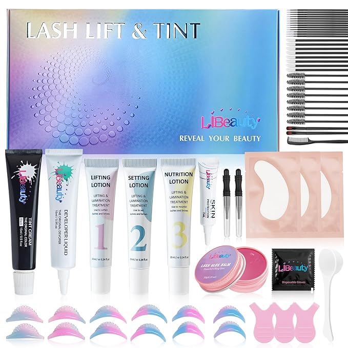 Libeauty Lash Lift and Black Color Kit, 4 in 1 Eyelash Perm and Brow Lamination Set, Professional Eye Lash Lifting Tool with 15ml Black Coloring Cream, Upgraded Lash Glue Balm for Easy DIY Home Use