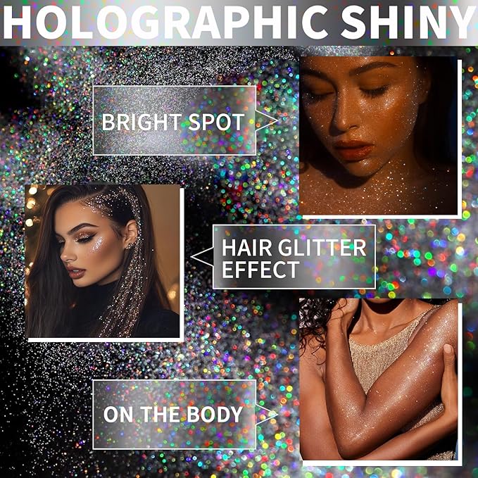 Hair Glitter Body Glitter Spray, 150ML Glitter Hairspray Holographic Silver Glitter Spray for Hair and Body, Hair Glitter for Kids Women, Body Shimmer Festival Makeup 4.2 Fl Oz