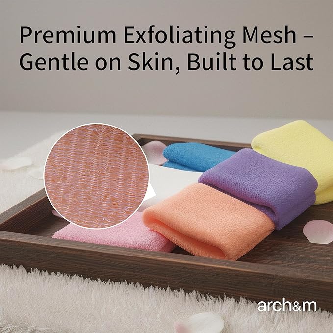 ARCH&M 3 Pack Exfoliating Towel for Body, 35-Inch Korean & Japanese Style Washcloth for Shower, Deep Clean & Smooth Skin, Nylon Back Scrubber, More Hygienic Than Loofah (Orange Purple Navy-Blue)