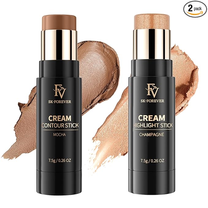 FV Contour and Highlighter Stick Set - Creamy, Highly Pigmented & Blendable for a Sculpted, Natural Glow, Waterproof & Long-Lasting Finish, Perfect for On-The-Go Makeup, 02 Mocha & 03 Champagne