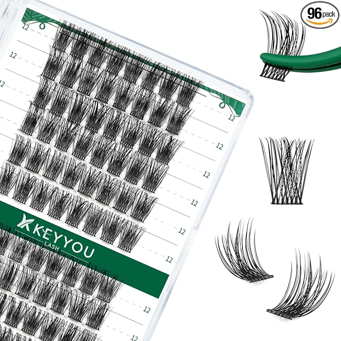 Lash Clusters 96pcs Individual Lashes Y11 D Curl 12mm Cluster Lashes KEYYOU Volume Wispy Lash Extension Soft&Comfortable Easy DIY at Home(Y11 D-12mm)
