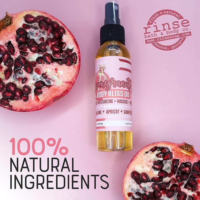 Rinse Bath & Body Pomegranate Body Oil Moisturizer Spray - Natural Lightweight Fast Absorbing with Squalane, Grapeseed, Apricot & Vitamin E Oil for All Skin Types, 4 fl oz