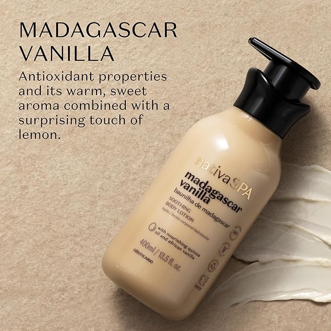 Nativa SPA by O Boticário, Madagascar Vanilla Moisturizing Body Lotion, Fragranced Skin Moisturizer with Purified Quinoa Drops, 13.5 Ounce
