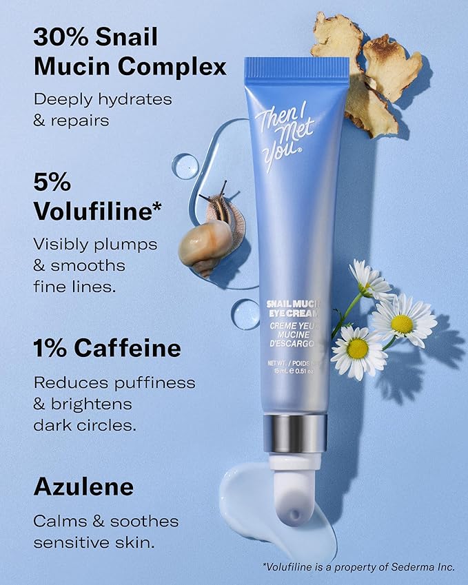 Then I Met You Snail Mucin Eye Cream, Korean Skincare for Dark Circles, Puffy Eyes, & Wrinkles, Firming, Brightening, Plumping, & Hydrating with Volufiline*, Peptides, Collagen, & Caffeine, 0.51 oz