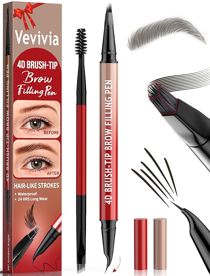 Vevivia Eyebrow Pencils for Women - Eyebrow Pen with 4D Brush-Tip & Curved Tip for Natural Fuller-Looking Brows, Precise Hair-Like Strokes for All Brow Types, Last All-Day Eyebrow Makeup, Black Brown