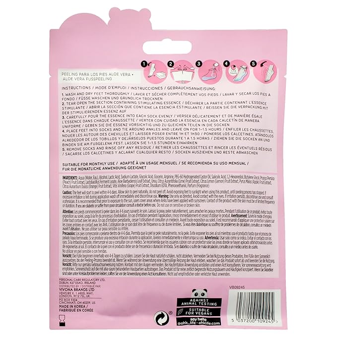 Oh K! Foot Peel Mask - Aloe Vera - Foot Peeling Mask for Dry Feet and Cracked Heels - Feet Exfoliant with Aloe Vera and Peach Extracts - 1 Pair