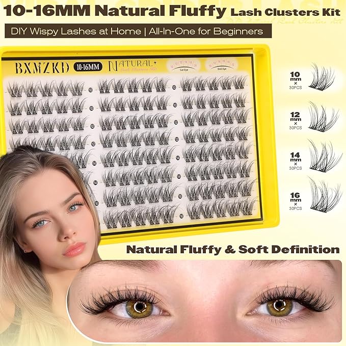 Lash Clusters Kit Natural Eyelash Clusters Kit with Cotton Band 10-16mm C Curly Wispy Cluster Eyelash Extensions Natural Fluffy Cluster Lashes for Beginners with Bond & Seal and Tweezers