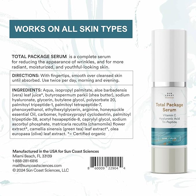 Sun Coast Sciences - Creamy Total Package Serum - Vitamin C Serum with Hyaluronic Acid & Peptides for Face - Hydrating Anti Aging Face Serum for Smoother, Firmer Looking Skin - 1 Fl Oz (Pack of 1)