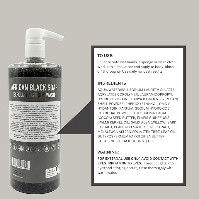 SpaScriptions Exfoliating African Black Soap Body Wash - 32 fl oz Moisturizing Scented Body Scrub with Charcoal & Coconut for Glowing Skin and Gentle Cleansing Natural Exfoliants, Paraben Free