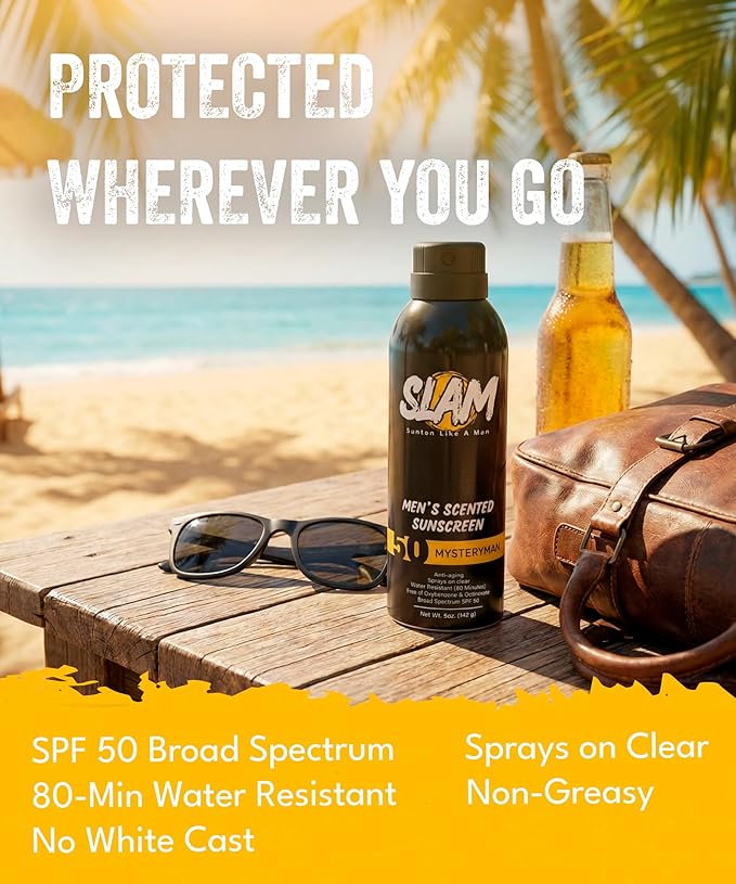 SLAM Men’s Sunscreen SPF 50 Spray - Broad Spectrum UVA/UVB Protection - Non-Greasy & No Harsh Chemicals - MysteryMan Sandalwood Tonka Bean Sage Cologne Scented - 2 Pack