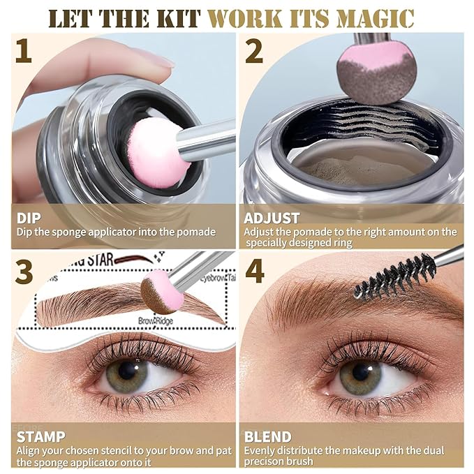 Eyebrow Stencils, Eyebrow Stamp Perfect Eyebrows Brow Stamp Waterproof, Eye Brow Stencil Kits Trio Kit with Sponge Applicator With 10PCS Eyebrow Shaping Kit Smudge-proof & Long-Lasting, Dark Brown