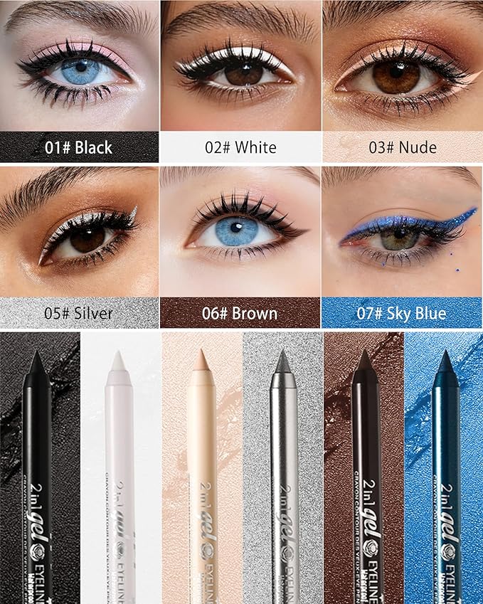 6Pcs Waterline Eyeliner Gel Pencil Set, Longwear Eyeliner Waterproof Smudge-Proof, Eye Liner Brightener Pen with Sharpener, Soft Cream Rich Color Eye Makeup Pen, Black White Nude Silver Brown Sky Blue