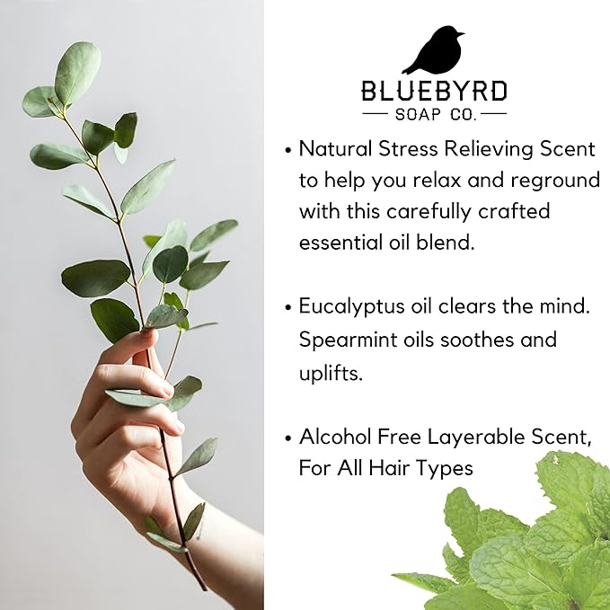 Bluebyrd Soap Co. Eucalyptus Mint Fragrance Hair Perfume and Body Mist | Weightless Relaxing Scented Hair Mist | Alcohol Free - No Parabens, Sulfates, Silicones (Mint)