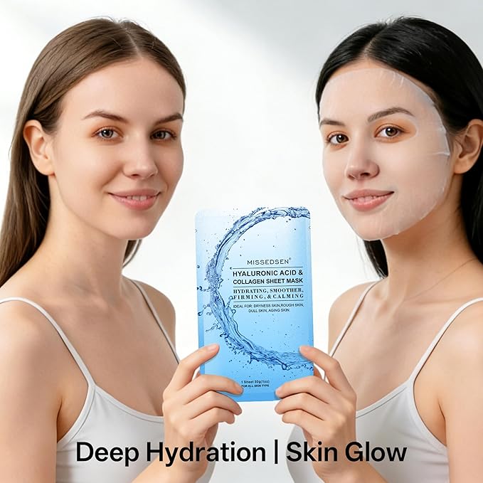 Collagen Face Mask with Hyaluronic Acid, Vitamin E Oil for Skin Care Hydrating, Moisturizing, Brightening & Anti Aging Face Masks Skincare for Oil, Dry, Acne, Sensitive All Skin Types 25PCS