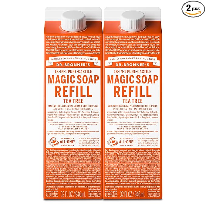 Dr. Bronner's Magic Soap-Pure-Castile Liquid Soap Refill (Tea Tree, 32 ounce, 2-Pack)-Regenerative Organic Certified Oils, For Body, Hair, Laundry, Pets & Dishes, Concentrated, Vegan, Non-GMO