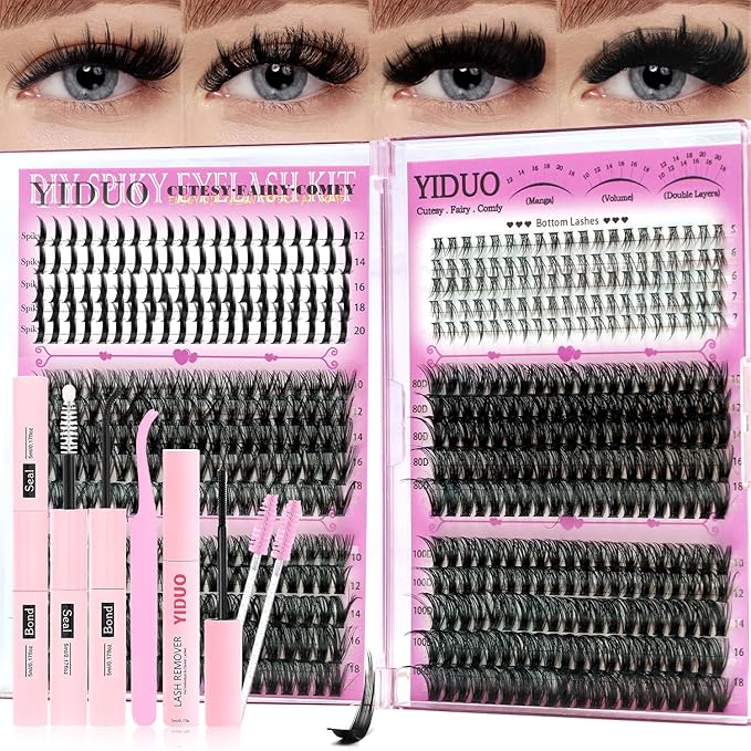 YIDUO Lash Clusters Kit with Spikes+Bottom Lashes Extensions 40D+60D+80D+100D Wispy Individual Cluster Eyelash Kit 600pcs Eyelash Cluster Extensions with Lash Bond and Seal Tweezers Remover