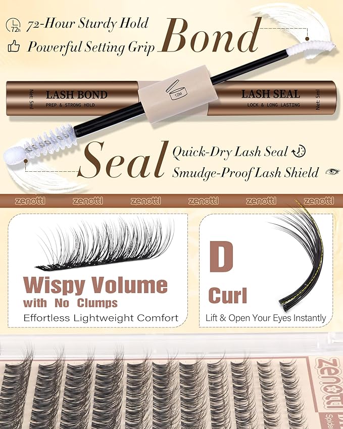 Spider Lash Clusters Kit Breeze Wispy Eyelash Clusters Kit Natural Venus Cluster Eyelash Extensions D Curl Invisible Band Fluffy Individual Lashes Salon Look for Daily Work&Parties 8-16mm by zenotti