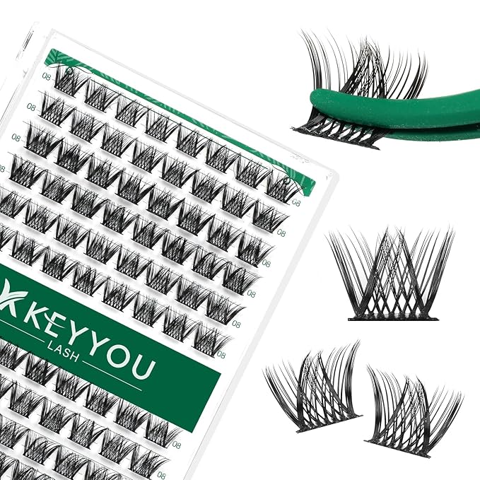KEYYOU Lash Clusters,96 Pcs Cluster Lashes Y01 D Curl 8mm DIY Lash Extensions Eyelash Clusters,Volume Wispy Individual Lashes Soft&Comfortable Easy to DIY at Home