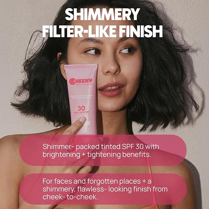 Cheeky | Shimmer Mineral Sunscreen SPF 30 | Zinc Oxide Sunblock | Glitter Sunscreen For Face & Body | Caffeine Infused Formula | Dermatologist Developed | Reef Safe Sunblock | 3.4oz