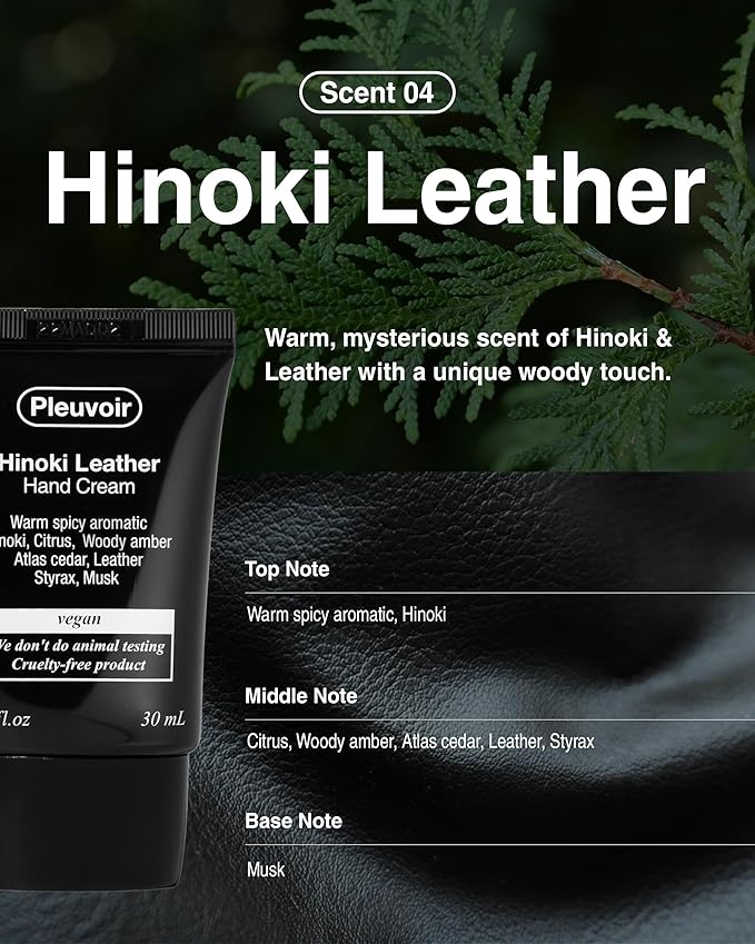 Pleuvoir Hinoki Leather Perfume Hand Cream for Men & Women, Spicy Woody Niche Fragrance with Japanese Cypress, Travel Size with 5 Hyaluronic Acids, Shea Butter & Jojoba Oil, Non-Greasy K-Beauty 1 oz