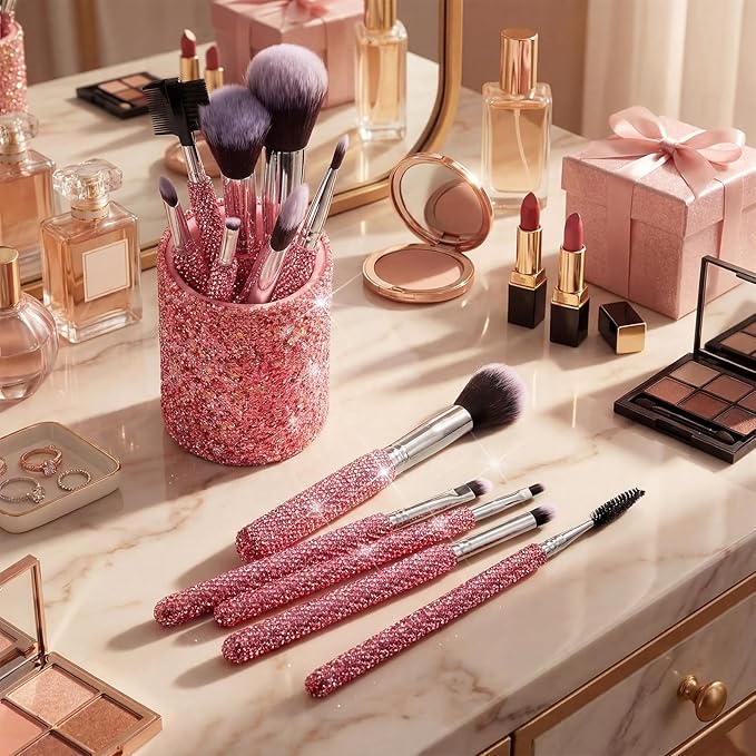 Nuogo Pink 13 Pcs Rhinestone Makeup Brushes Set 12 Bling Crystal Professional Face Cosmetics Blending Liquid Foundation Powder Concealer Eye Shadows Make up Beauty Tool Glitter with 1 Holder