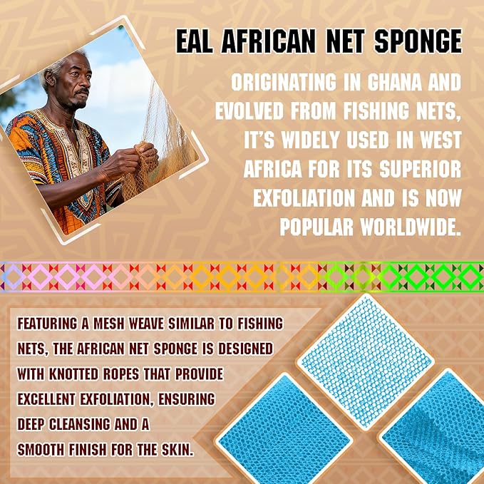 African Net Sponge (4-Pack) - Premium Exfoliating Body & Face Scrubber, Travel-Ready, Durable, Gentle Exfoliation Tool(Light Purple,Gray,Sky Blue,Green)