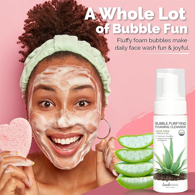 LOOKATME Korean Face Wash for Sensitive Skin - Water Based Bubble Skincare Cleanser - K Beauty Natural Acne Foaming Cleaner - Hydrating Skin Care Cleansing Foam with Low pH - Aloe Vera