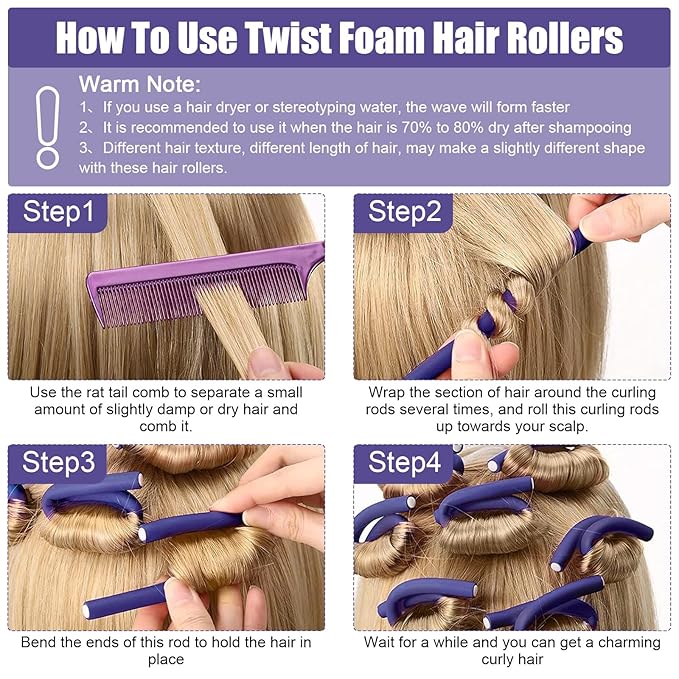 30 Pcs Heatless Hair Curlers 7 x 0.55 Inch Flexible Curling Rods Soft Foam Rollers No Heat Bendable Hair Rods Roller for Women Short Medium Long Hair, Purple