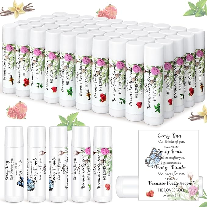 50 Pcs Christian Lip Balm Bulk Bible Verses Lip Balm Scripture Christian Gifts for Women Faith Religious Church Party Favor Inspirational Gift for Mother Teacher Nurse Employee Coworker (Floral)