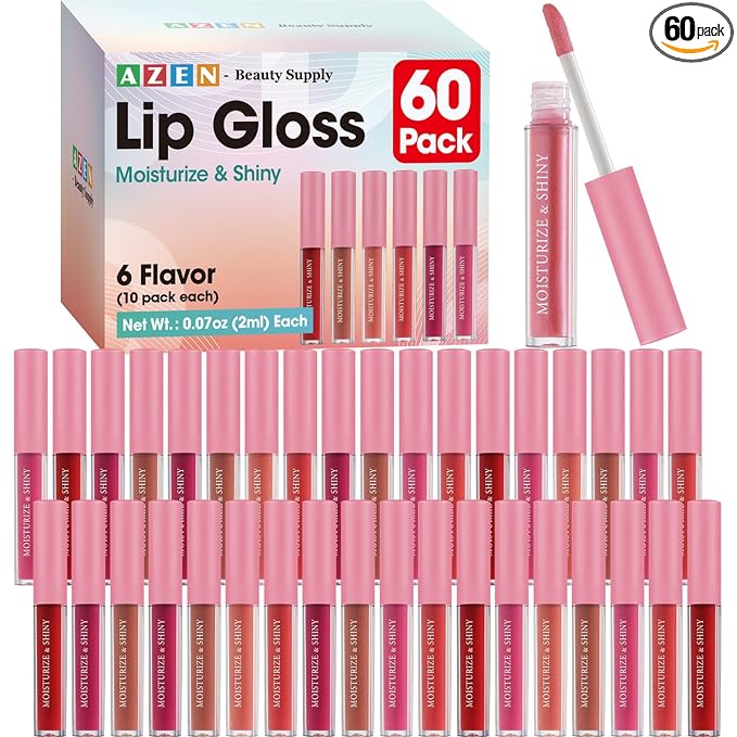 AZEN 60 Pack Lip Gloss Bulk Set, Shimmery Lip Gloss for Women and Girls With Rich Varied Colors, Mothers Day Gifts for Women