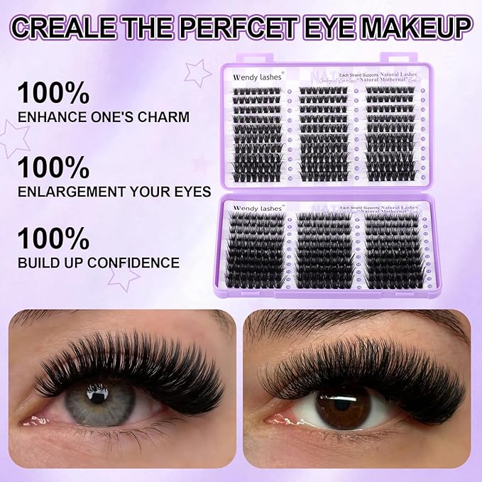 WENDY LASHES Clusters 80D+100D Eyelash Clusters 480PCS 9-16mm D Curl Natural Lashes Fluffy Wispy False Eyelashes DIY Cluster Eyelash Extensions