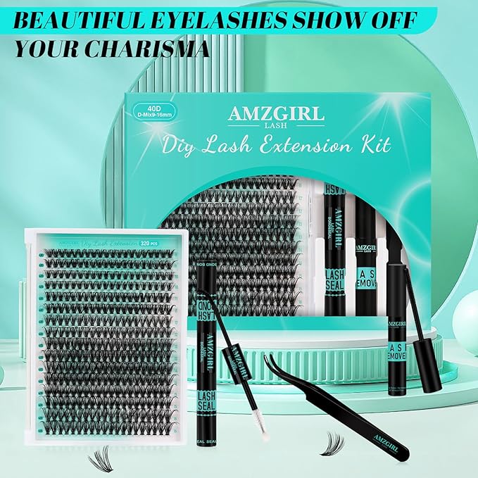 Lash Clusters Kit,DIY Individual Lashes Extension Kit,Lash Bond And Seal,Lash Remover For Eyelashes Extensions,Lash Applicator Tool For False Eyelash Cluster Kit（320PCS, 40D, 9-16mm）