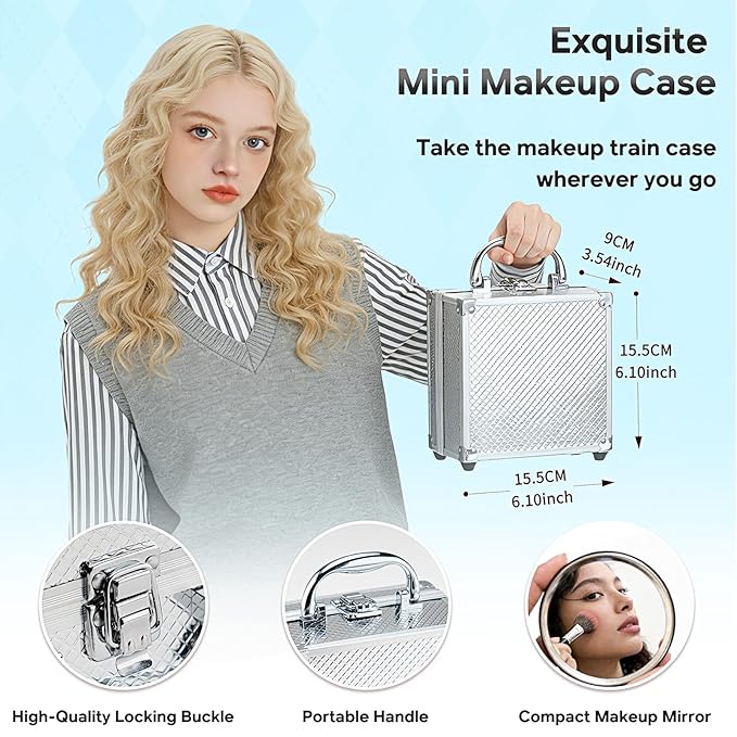 Color Nymph Beginner Makeup Kit For Teens With The Small Cosmetic Train Case Included 24-Colors Eyeshadow Palette Blushes Bronzer Highlighter Lipstick Brushes Mirror(Silver)
