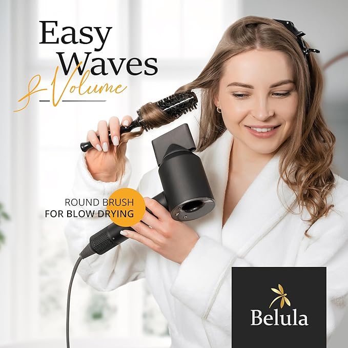 Belula 100% Soft Boar Bristle Round Brush for Blow Drying Set. Round Hair Brush With Small 1.6” Wooden Barrel. Hairbrush Ideal to Add Volume and Body. Free 3 x Hair Clips & Travel Bag.