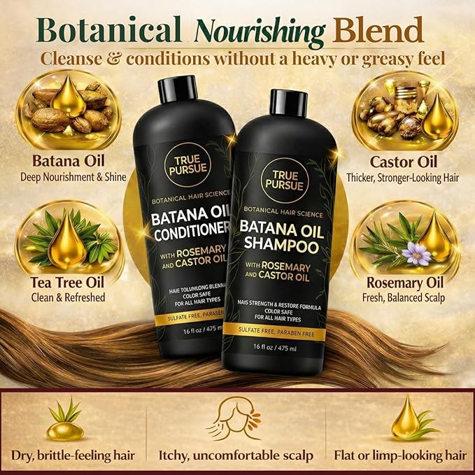 Batana Oil Shampoo and Conditioner Set for Men & Women with Rosemary & Castor Oil – Hair Growth Support & Sulfate-Free Hair Strengthening for Dry Damaged & Thinning Hair – 16 fl oz Each TRUÉ PURSUÉ