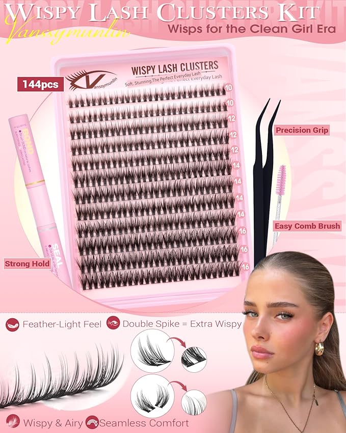 Wispy Natural Lash Clusters Kit Double Spiky Eyelash Clusters Kit Manga Cluster Eyelash Extensions Kit 10-16mm Lash Extensions Kit C Curly Individual Lashes DIY Eyelashes Clusters Kit with Brush