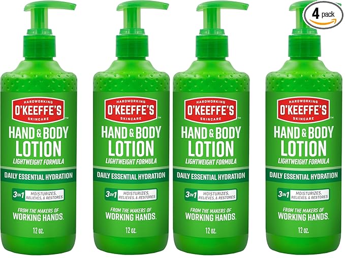 O'Keeffe's Hand and Body Lotion with Glycerin and Shea Butter - 12 oz Pump - Daily Essential Hydration, Heals & Relieves Extremely Dry Skin,(Pack of 4)