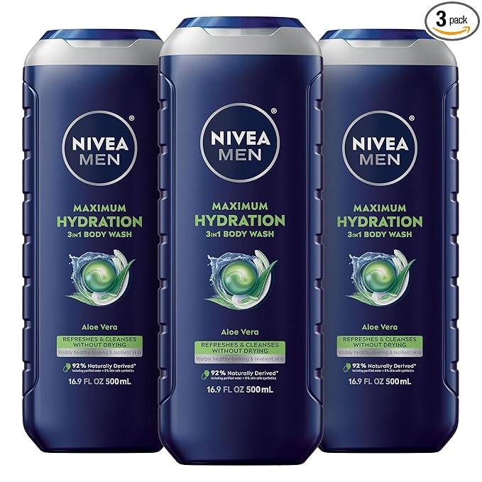 NIVEA MEN Maximum Hydration Body Wash for Dry Skin, Aloe Vera Enriched, 3-in-1 Moisturizing Body Wash, Face and Hair, Paraben Free, Vegan Formula, 16.9 Fl Oz Bottle, Pack of 3