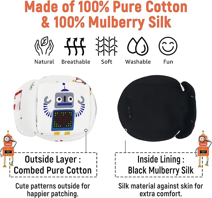 Astropic 3D Cotton & Silk Eye Patch for Kids | Boys Eye Patch for Glasses | Medical Eyepatch for Children with Lazy Eye (Gray Robot, Right Eye)