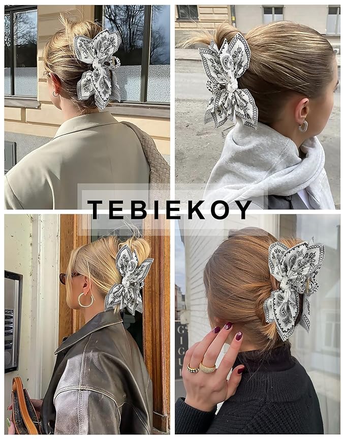 Boho Bandana Hair Claw Clips for Women, 2 Pcs Extra Large Claw Clips for Thick Hair Paisley Hair Clip Bow Knot Adorable Hair Claws Non-slip Fashion Hair Accessories Gift for Women Teen Girls