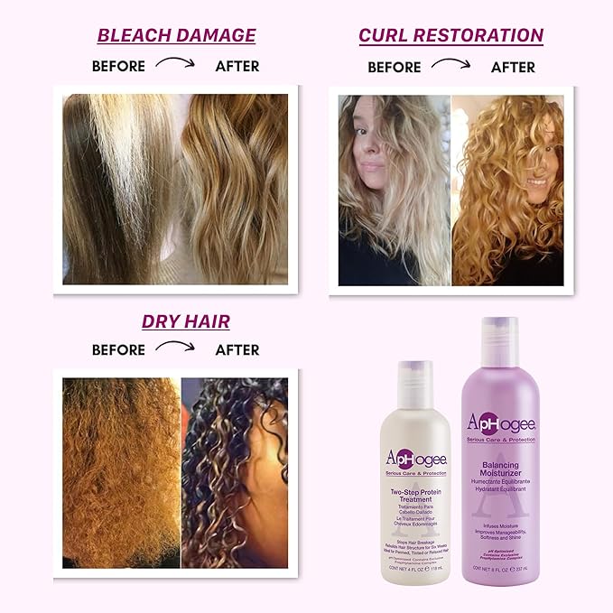 Aphogee Hair Care Double Bundle – Two-Step Protein Treatment (4 fl oz) & Balancing Moisturizer (8 fl oz)